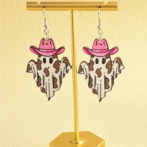 🛍️2/$20 Pink Cow Print Wooden Ghost Earrings, New